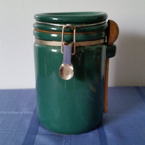 Kitchen Vintage Green Ceramic Canister With Wooden Spoon 8 Poshmark